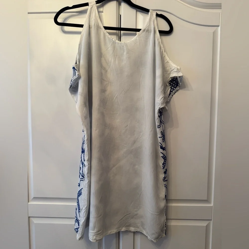 Solitaire Swim Tunic Top Womens White Blue Embroidered Beach Cover Sz L - Picture 2 of 9